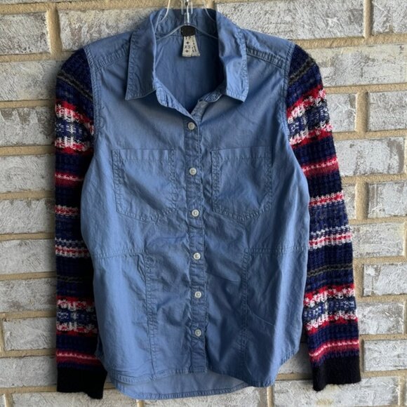 We The Free Tops - Free People Knit Long Sleeve Blue Chambray Shirt Women's Size XS.